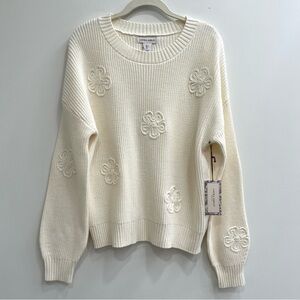 Laura Ashley floral embroidered applique ribbed crewneck sweater cream large